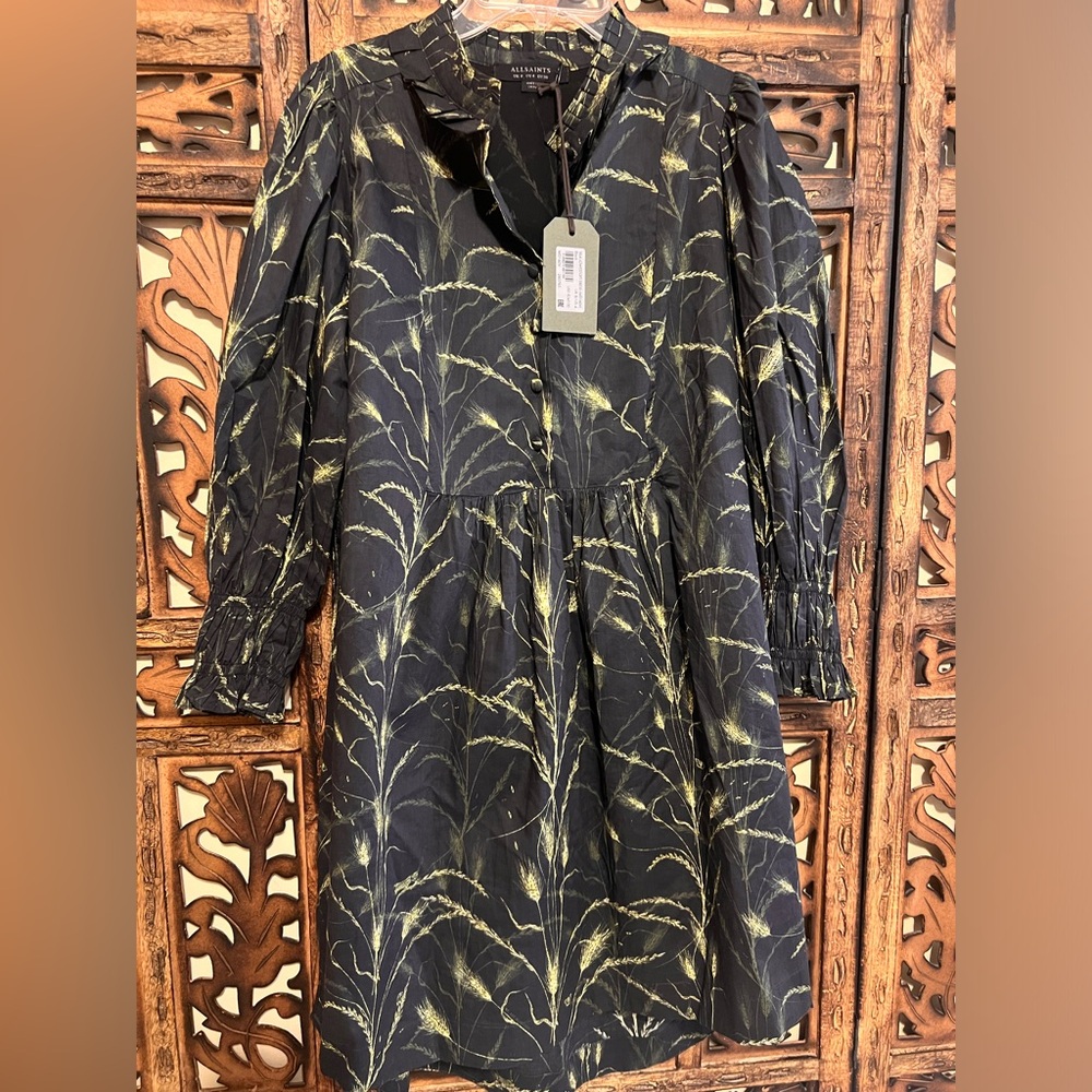 All Saints 14 Billa lowestoft Tunic dress black khaki green cream wheat print